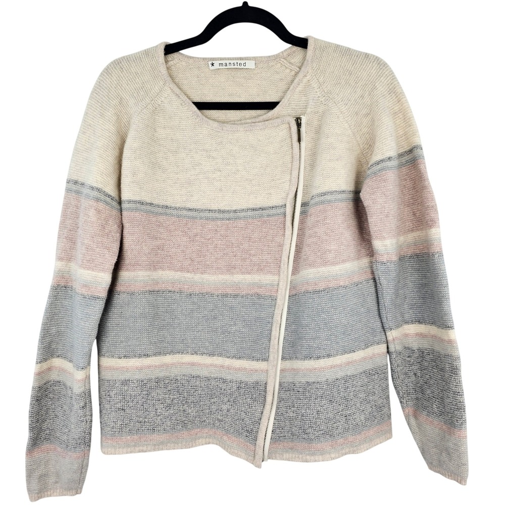 Mansted Lambswool Cardigan Sweater Womens Large‎ Striped Zip Front Knitwear